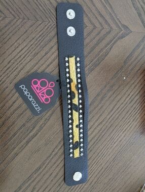 Black Bracelet with Yellow Leopard Accent Adjustable
